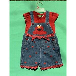 Y2K Sesame Street Baby Elmo Hearts Denim Overall Shorts & Shirt 18 months Vintag